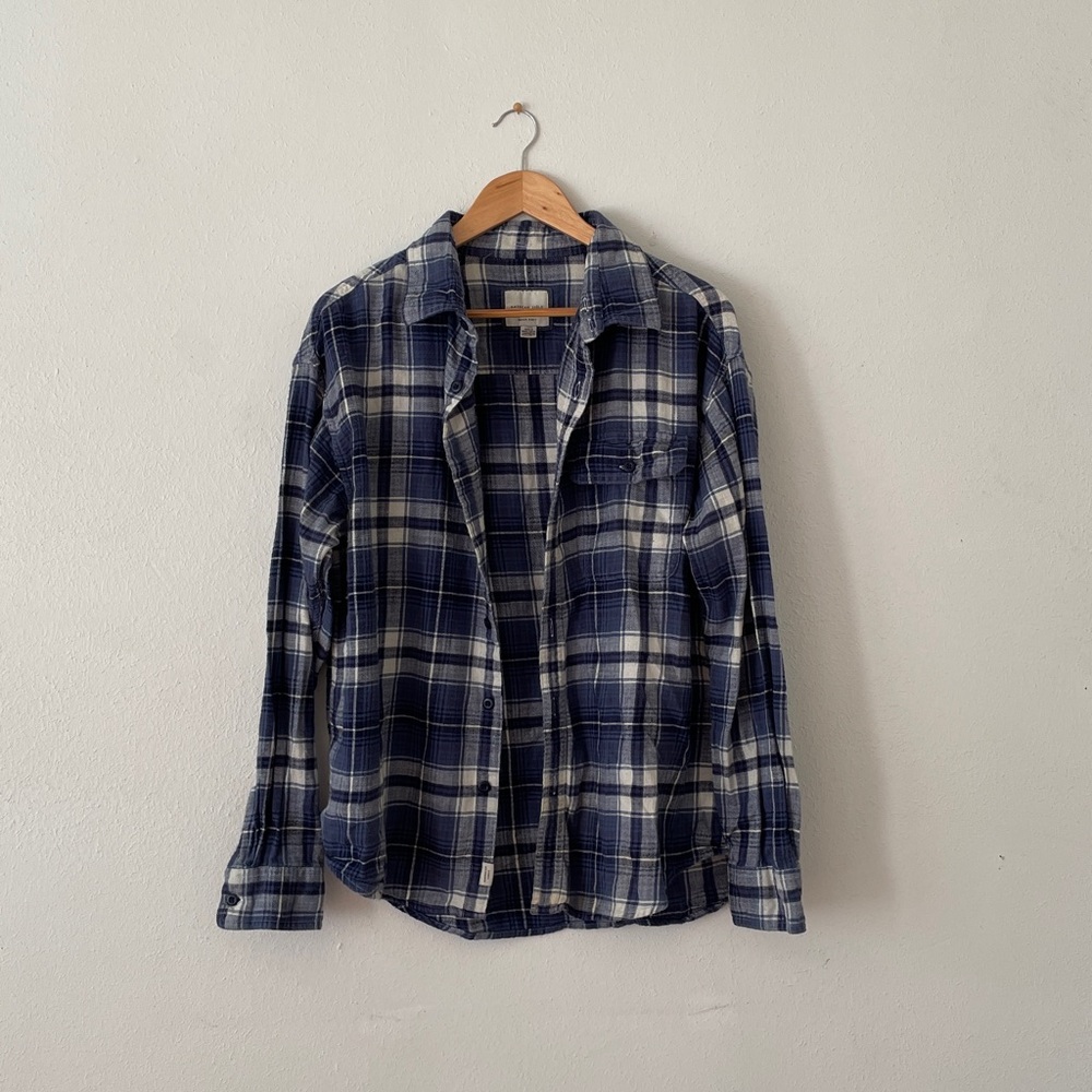 American Eagle Washed Look Flannel Shirt Super Soft Blue Plaid